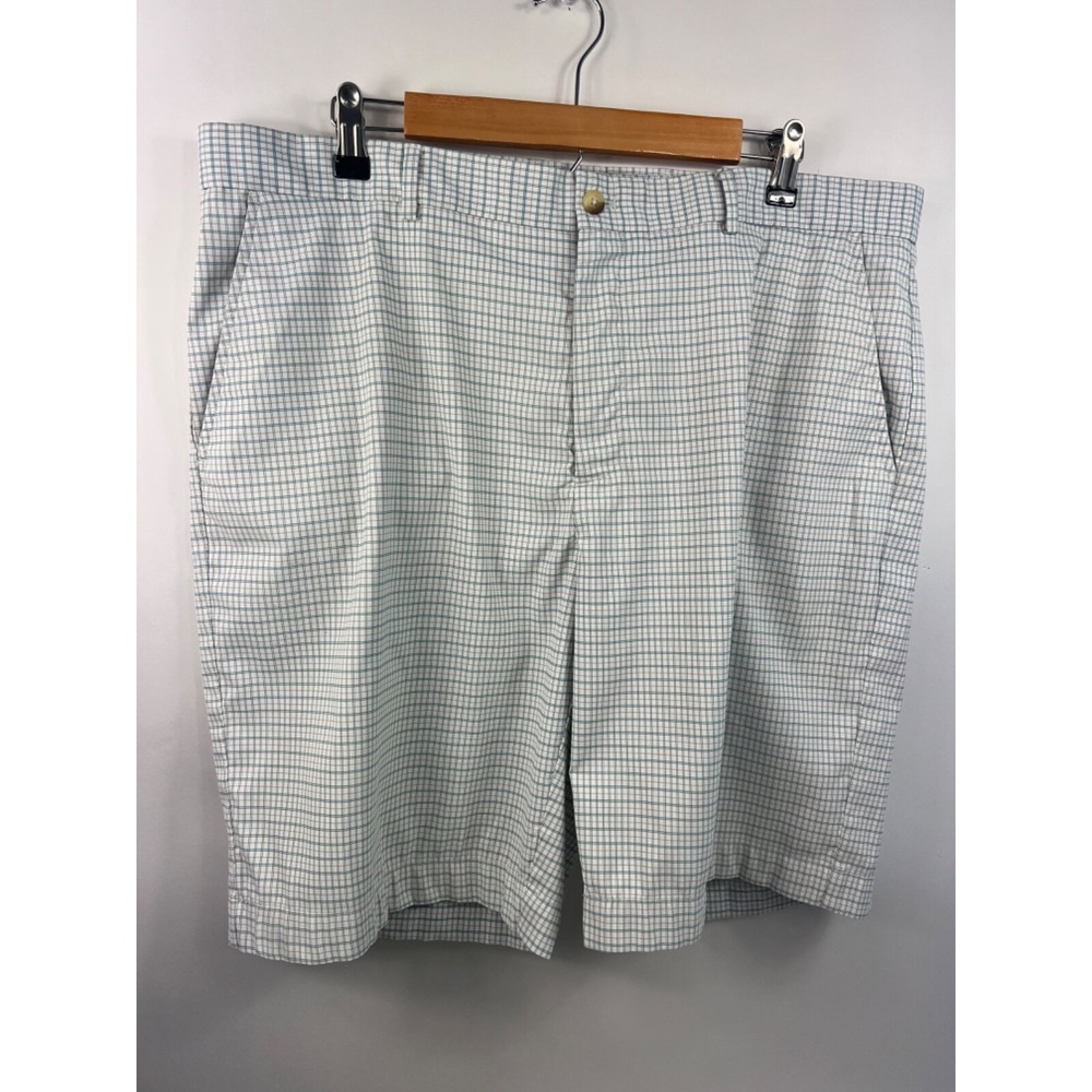 Greg Norman Golf Shorts Men's Sz 38 White/Aqua/Black Plaid‎ Stretch Pockets